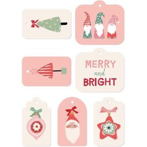 Whaline 70Pcs Christmas Paper Gift Tags Cartoon Xmas Tree Gnome Santa Hanging Ball Hanging Name Tags with Hemp Rope Pink Green Label Tags for Party Favor Decor Supplies, 7 Designs