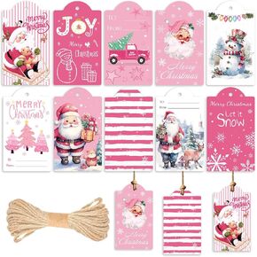 Christmas Gift Tags Bulk - 60PCS Christmas Paper Gift Tags Pink Snowman Santa Xmas Tree Tags with Jute Twine Christmas Winter DIY Gift Labels Party Favor Decor Supplies Seasonal Favors