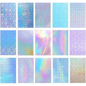 100 Sheets Holographic Sticker Paper 8.3x11.7 Inch Clear Vinyl Self Adhesive Waterproof Rainbow Vinyl Sticker Paper, Printable Transparent Holographic Vinyl Laminate Film (10 Styles)