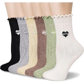 Mcool Mary 6 Pairs Women's Ruffle Socks, Casual Ankle Embroidered Breathable Knit Cotton Cute Crew Frilly Sock 6 Pack