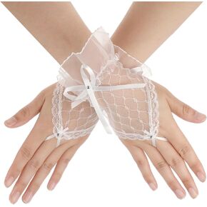 White Lace Gloves Lace Gloves, Bow Rhinestone Wedding Mesh Sheer Fingerless Gloves, Bridal Prom Gloves, Women's Bow Mesh Gloves Lace Bow Short Gloves for Banquet Party Wedding