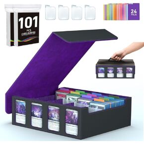 4-Row Trading Card Storage Box, Bulk Card Case for 3200+ Mtg tcg Magic Baseball Soprts Playing Game Card Organizer, Commander Deck Box with 4 Supporters & 24 Dividers & Strap & 101 Card Sleeves