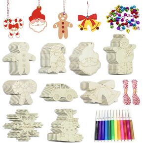 Wooden Christmas Ornaments, 176 PCS Unfinished Predrilled Wood Ornaments Set with 72 Blank Wood Slices in 9 Styles, 90 Bells and 12 Color Pens for Kids DIY Crafts and Christmas Hanging Decoration, B