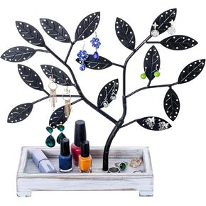 MyGift Earring Storage Rack Organizer, Matte Black Metal Jewelry Tree with Shabby White Washed Solid Wood Ring Tray Trinket Holder - Holds up to 68 Pairs of Earrings