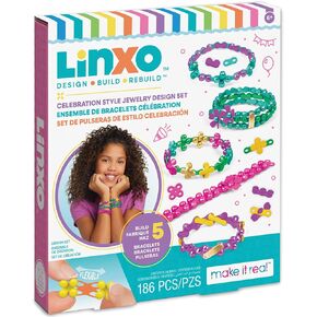 Make It Real: LinXo Celebration Jewelry Design Set - 186pcs, DIY 5 Flexible Bracelets, Design-Build-Rebuild, Craft Activity Kit, Girls & Kids Ages 6+