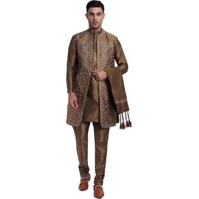 SKAVIJ Kurta Pajama for Men with Jacket and Scarf Indian Wedding Party Dress