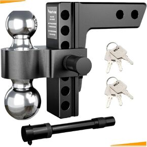 Adjustable Trailer Hitch, 6 Inch Aluminum Hitch Drop (Fits for 2-Inch Receiver), 2'' & 2-5/16'' Heavy Duty Solid Dual Balls Mount, 12,500 lbs GTW Tow Hitch with 2 Anti-Theft Pins Locks, Black