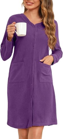 Ekouaer Women's Long Sleeve Nightshirt with Pockets Button Down Nightgown Fleece Sleepwear Fuzzy Pajama Dress S-XXL in Saudi Arabia