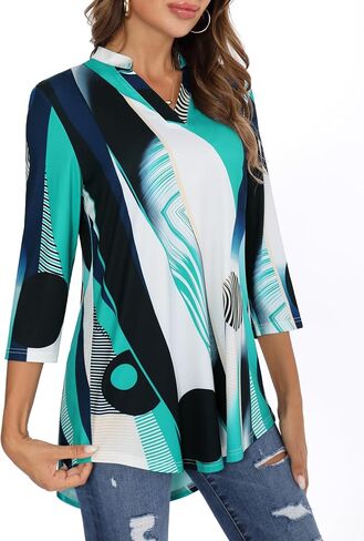 BAISHENGGT Womens 3/4 Sleeve Floral Printed Notch V Neck Blouses Tunics Tops in Saudi Arabia