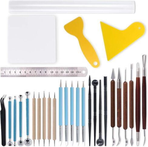 Swpeet 22Pcs Modeling Clay Sculpting Tools Kits, Ball Stylus Tool, Clay Scarper, Acrylic Backing Board Essential Wooden Sculpting Clay Tools Combination for Pottery Modeling, Smoothing in Saudi Arabia