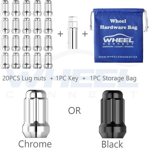 WHEEL CONNECT Spline Lug Nuts, Acorn for Conical Seat. 12X1.25, Thread, Set of 20 with 1 Key and 1 Storage bag, for Aftermarket Custom Tuner Wheel, Chrome Finish.M12 X 1.25 in Kuwait