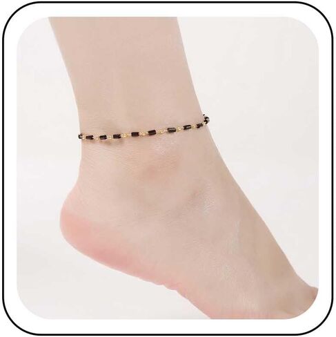 Black Crystal Beads Ankle Bracelet Boho Beads Chain Satellite Anklet Summer Beach Glass Beads Ankle Chain Barefoot Sandal Foot Jewelry for Women in Kuwait