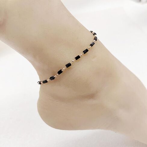 Black Crystal Beads Ankle Bracelet Boho Beads Chain Satellite Anklet Summer Beach Glass Beads Ankle Chain Barefoot Sandal Foot Jewelry for Women in Kuwait