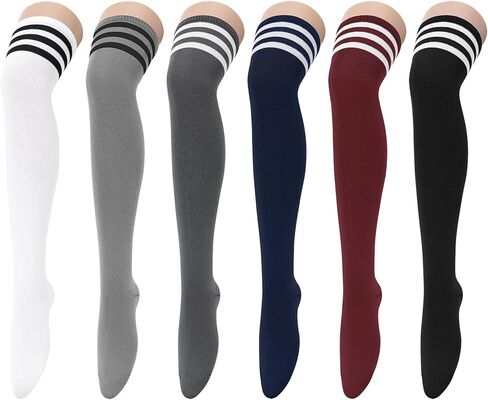 دوريو 6 أزواج جوارب الفخذ العليا للنساء متعددة الألوان مخططة فوق جوارب الركبة جوارب طويلة جوارب طويلة إلى الركبة جوارب الفخذ العليا in Kuwait
