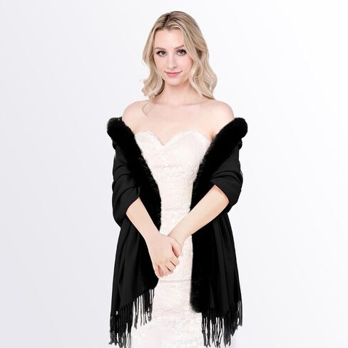 Faux Fur Shawl Wrap Stole for Women, Soft Cashmere Feel Scarf, Large Size, Solid Color (Beige) (khaki) in Saudi Arabia