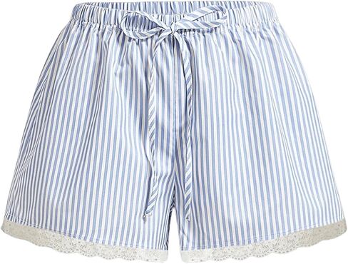 Floerns Women's Striped Elastic Drawstring Waist Contrast Lace Hem Wide Leg Mini Shorts in Saudi Arabia