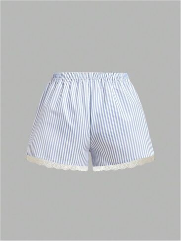 Floerns Women's Striped Elastic Drawstring Waist Contrast Lace Hem Wide Leg Mini Shorts in Saudi Arabia