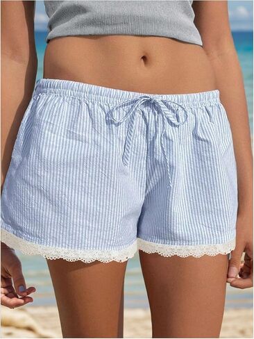 Floerns Women's Striped Elastic Drawstring Waist Contrast Lace Hem Wide Leg Mini Shorts in Saudi Arabia