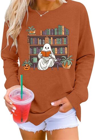 VILOVE Halloween Spooky Sweatshirt Women: Ghost Reading Books Shirt Cute Halloween Teacher Sweatshirt Reading Shirt in Saudi Arabia
