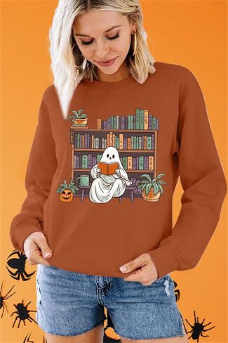 VILOVE Halloween Spooky Sweatshirt Women: Ghost Reading Books Shirt Cute Halloween Teacher Sweatshirt Reading Shirt in Saudi Arabia