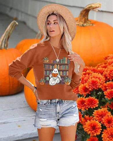 VILOVE Halloween Spooky Sweatshirt Women: Ghost Reading Books Shirt Cute Halloween Teacher Sweatshirt Reading Shirt in Saudi Arabia