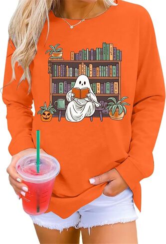 VILOVE Halloween Spooky Sweatshirt Women: Ghost Reading Books Shirt Cute Halloween Teacher Sweatshirt Reading Shirt in Saudi Arabia