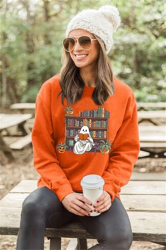 VILOVE Halloween Spooky Sweatshirt Women: Ghost Reading Books Shirt Cute Halloween Teacher Sweatshirt Reading Shirt in Saudi Arabia