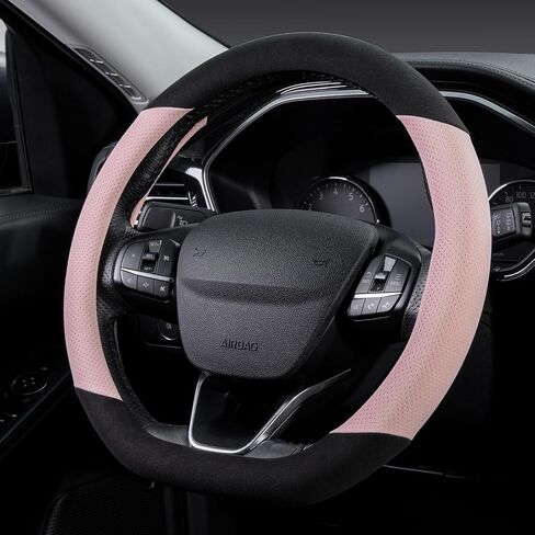SEG Direct Suede D Shaped Steering Wheel Cover, Flat Bottom Car Wheel Cover 14 1/2-15 in. (37-39 cm), Non-Slip Automotive Interior Accessories, Breathable Pores, Black and Green in Saudi Arabia