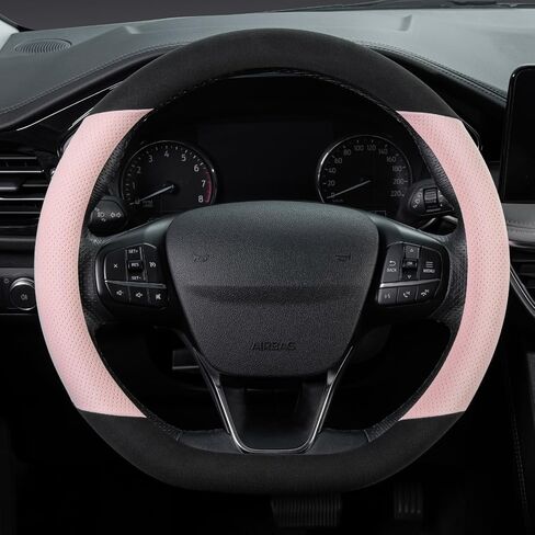 SEG Direct Suede D Shaped Steering Wheel Cover, Flat Bottom Car Wheel Cover 14 1/2-15 in. (37-39 cm), Non-Slip Automotive Interior Accessories, Breathable Pores, Black and Green in Saudi Arabia