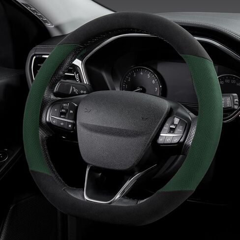 SEG Direct Suede D Shaped Steering Wheel Cover, Flat Bottom Car Wheel Cover 14 1/2-15 in. (37-39 cm), Non-Slip Automotive Interior Accessories, Breathable Pores, Black and Green in Saudi Arabia