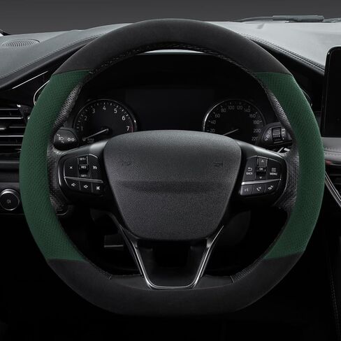 SEG Direct Suede D Shaped Steering Wheel Cover, Flat Bottom Car Wheel Cover 14 1/2-15 in. (37-39 cm), Non-Slip Automotive Interior Accessories, Breathable Pores, Black and Green in Saudi Arabia