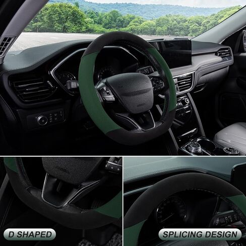 SEG Direct Suede D Shaped Steering Wheel Cover, Flat Bottom Car Wheel Cover 14 1/2-15 in. (37-39 cm), Non-Slip Automotive Interior Accessories, Breathable Pores, Black and Green in Saudi Arabia