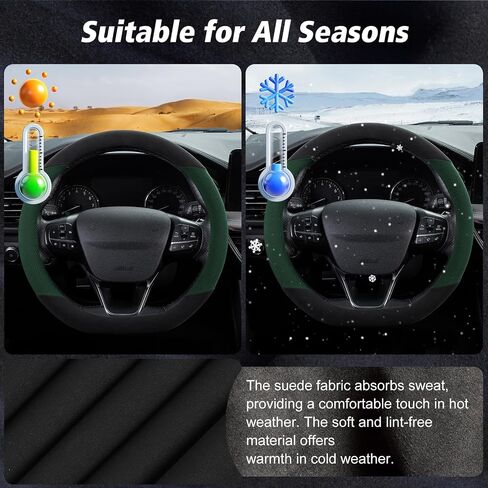 SEG Direct Suede D Shaped Steering Wheel Cover, Flat Bottom Car Wheel Cover 14 1/2-15 in. (37-39 cm), Non-Slip Automotive Interior Accessories, Breathable Pores, Black and Green in Saudi Arabia