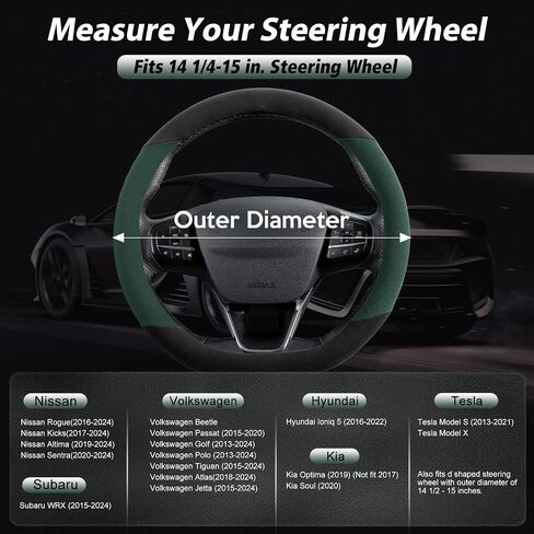 SEG Direct Suede D Shaped Steering Wheel Cover, Flat Bottom Car Wheel Cover 14 1/2-15 in. (37-39 cm), Non-Slip Automotive Interior Accessories, Breathable Pores, Black and Green in Saudi Arabia