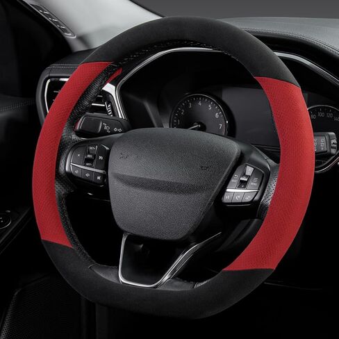 SEG Direct Suede D Shaped Steering Wheel Cover, Flat Bottom Car Wheel Cover 14 1/2-15 in. (37-39 cm), Non-Slip Automotive Interior Accessories, Breathable Pores, Black and Green in Saudi Arabia