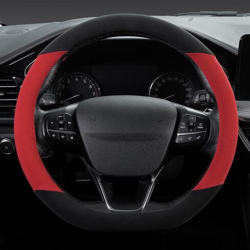 SEG Direct Suede D Shaped Steering Wheel Cover, Flat Bottom Car Wheel Cover 14 1/2-15 in. (37-39 cm), Non-Slip Automotive Interior Accessories, Breathable Pores, Black and Green in Saudi Arabia