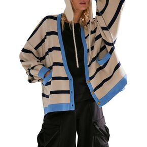 Sidefeel Women's Cardigan 2024 Fall Sweaters Open Front Coat Oversized Striped Chunky Outwear with Pockets
