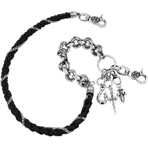 Sword Fleur de lis Anchor Black Braided Leather wallet chain Swivel Trigger snap Biker Punk Key chain