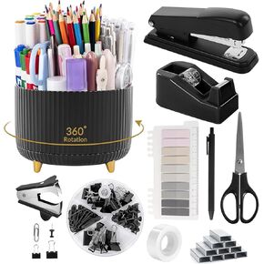 Purple Office Supplies Set, 10PCS Office Desk Accessories and Organizers with 360° Pen Holder,Stapler and Tape Dispenser Set, Remover, Staples, Clips, Scissor,Sticky Notes and Pen for Women