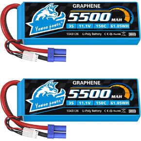 Yowoo 3S Lipo Battery 150C 5500mAh 11.1V Graphene Battery EC5 Connector with Metal Plates for RC Airplane Helicopter F450 Quadcopter Car Truck Boat RC Hobby (2 Pack)