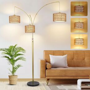 Airposta Black Arc Floor Lamps - Dimmable Tall Lamp with Rattan Shades, Suitable for Living Room, Bedroom, Office