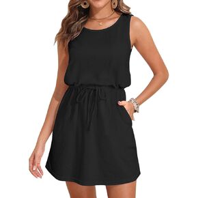 Swimsuit Coverup for Women - Terry Cloth Beach Cover Up Dress - Drawstring Sleeveless Casual Sundress Pockets