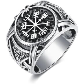 Viking Ring for Men S925 Sterling Silver Compass Odin Rune Viking Vegvisir Pirate Compass Nordic Norse Symble for Men Ring, Handmade Silver Ring for Men Silver Retro Vintage Pattern Men's Jewelry for Men Farther Him