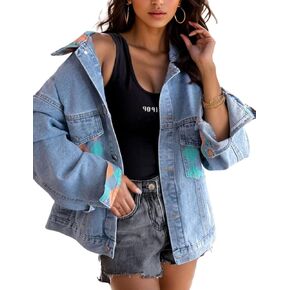 happlan Denim Jacket For Women Loose Lapel Button Down Print Shirt Coat Shacket