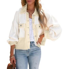 Women's Denim Spliced Waffle Knit Cropped Jacket Button Down Boyfriend Shirt Shacket Tops