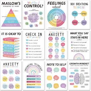 12PCS Mental Health Posters, Anxiety Therapy Motivational Poster Counseling Office Must Haves, 10’’x14’’ School Counselor Supplies, Mental Health Wall Art Decor Home Classroom Inspirational Posters