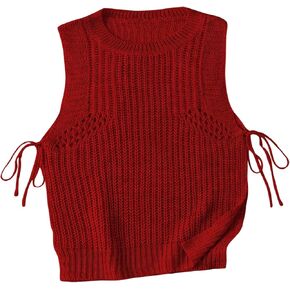 MakeMeChic Women's Sleeveless Round Neck Drawstring Side Split Hem Knited Casual Sweater Vest