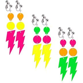 3 Pairs 80s 90s Neon Clip on Earrings for Women Retro Asymmetric Acrylic Drop Dangle Earrings for 80's Outfit Party Halloween Accessories