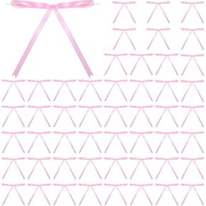 50PCS Twist Tie Bows, Satin Pretied Ribbon Bows for Gift Wrapping Basket DIY Craft Cake Snack Candy Present Bags Packaging Christmas Wedding Baby Shower Birthday Party Decorations(Pink)