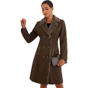 Allegra K Winter Coat for Women's Faux Fur Collar Double Breasted Long Warm Coats